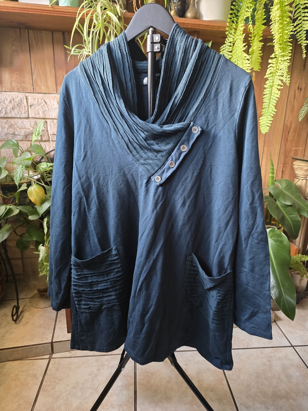 Women's Teal Asymmetrical Button Cowl Utility Jacket